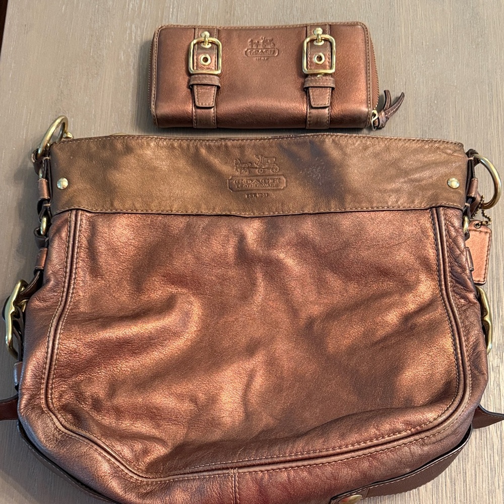 Coach Metallic Copper Brown Leather Shoulder Bag with Matching Wallet